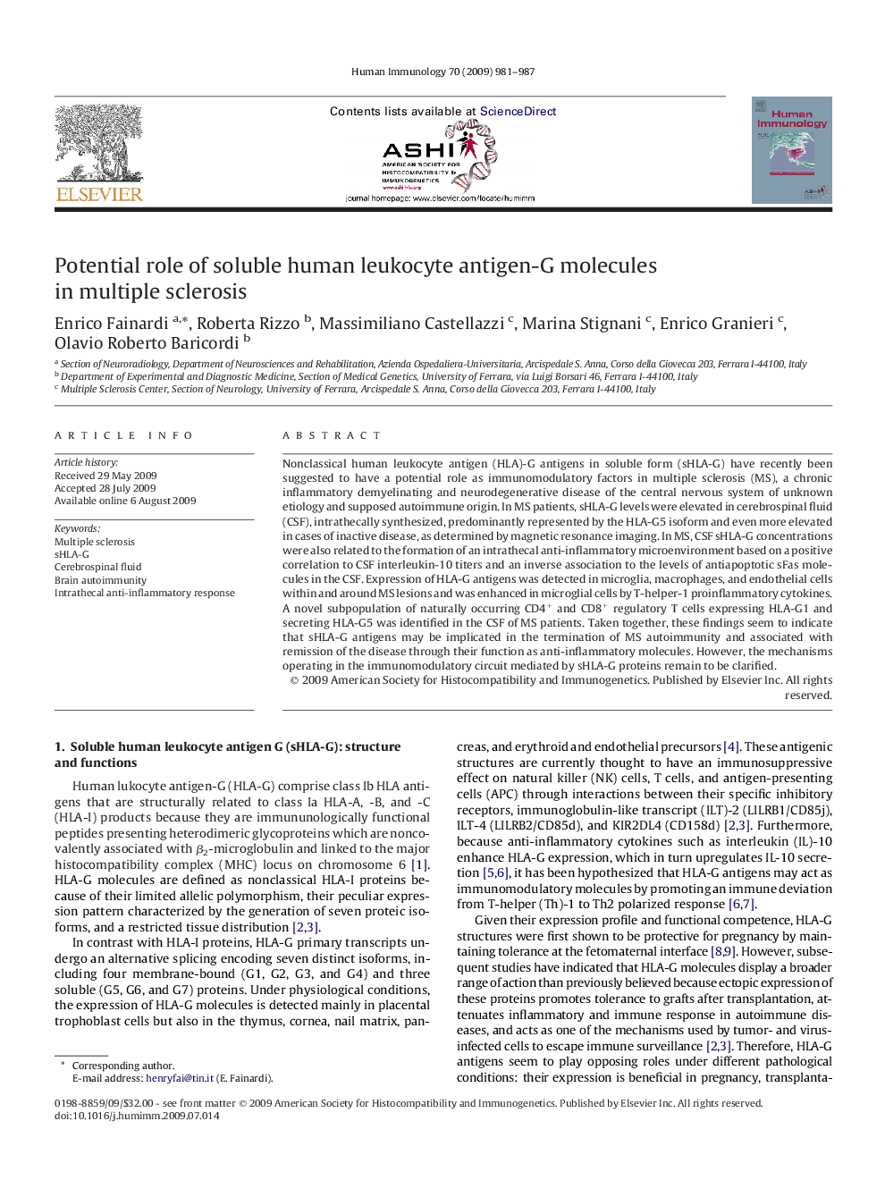 Potential role of soluble human leukocyte antigen-G molecules in multiple sclerosis