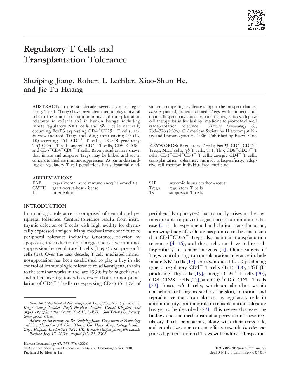 Regulatory T Cells and Transplantation Tolerance