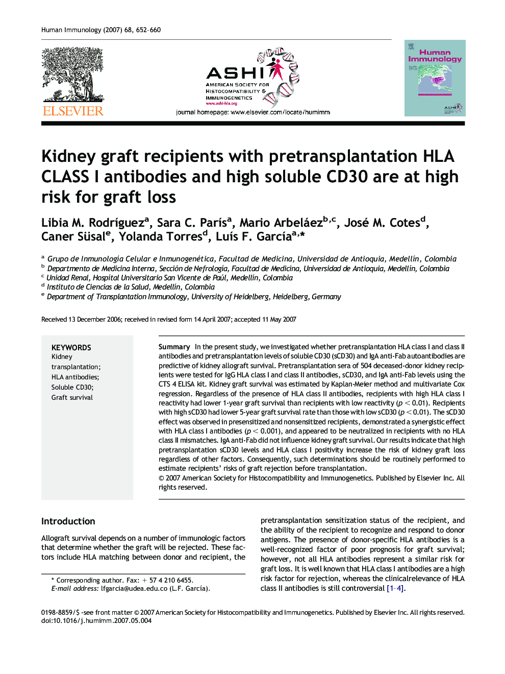 Kidney graft recipients with pretransplantation HLA CLASS I antibodies and high soluble CD30 are at high risk for graft loss