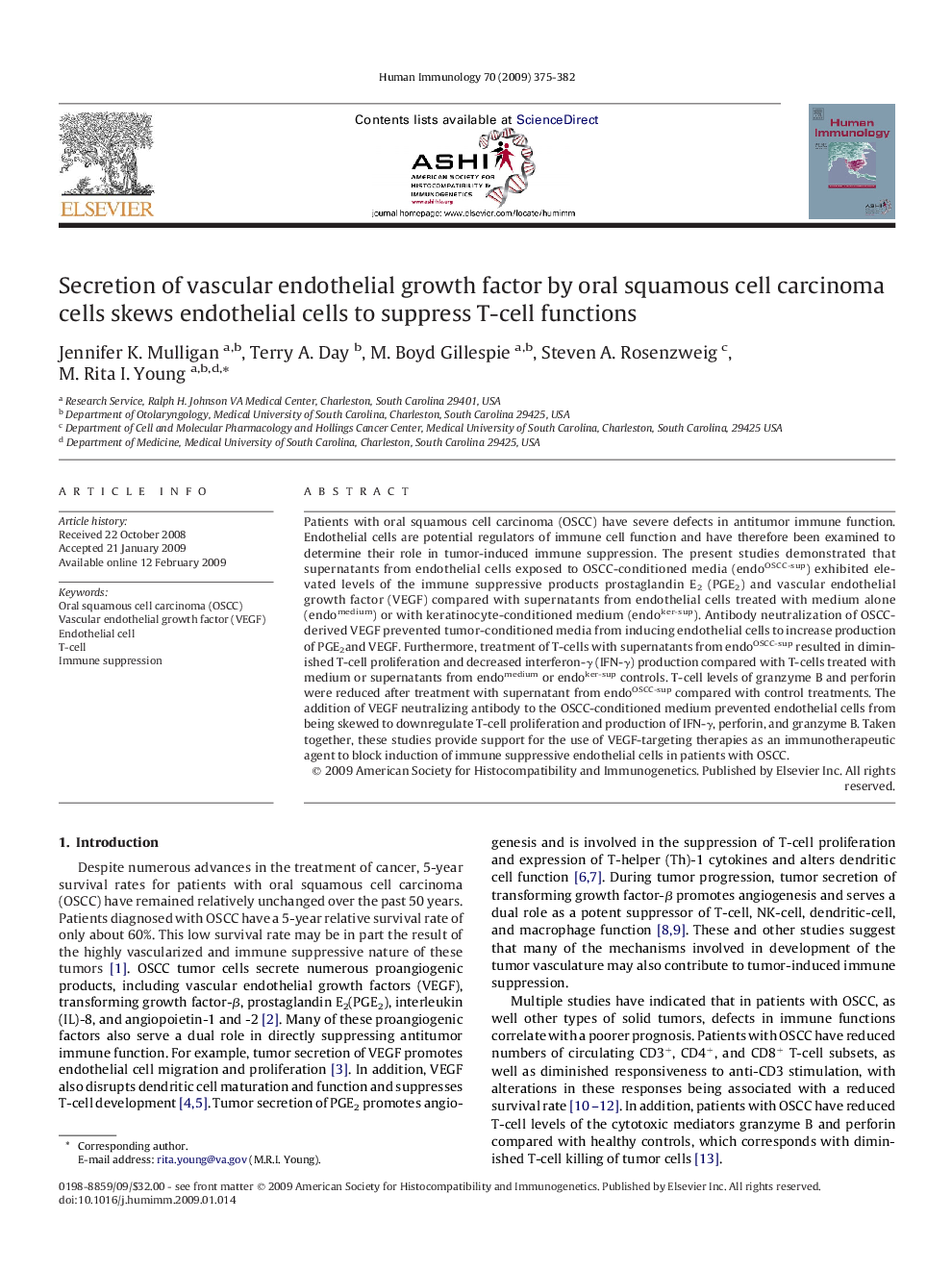 Secretion of vascular endothelial growth factor by oral squamous cell carcinoma cells skews endothelial cells to suppress T-cell functions