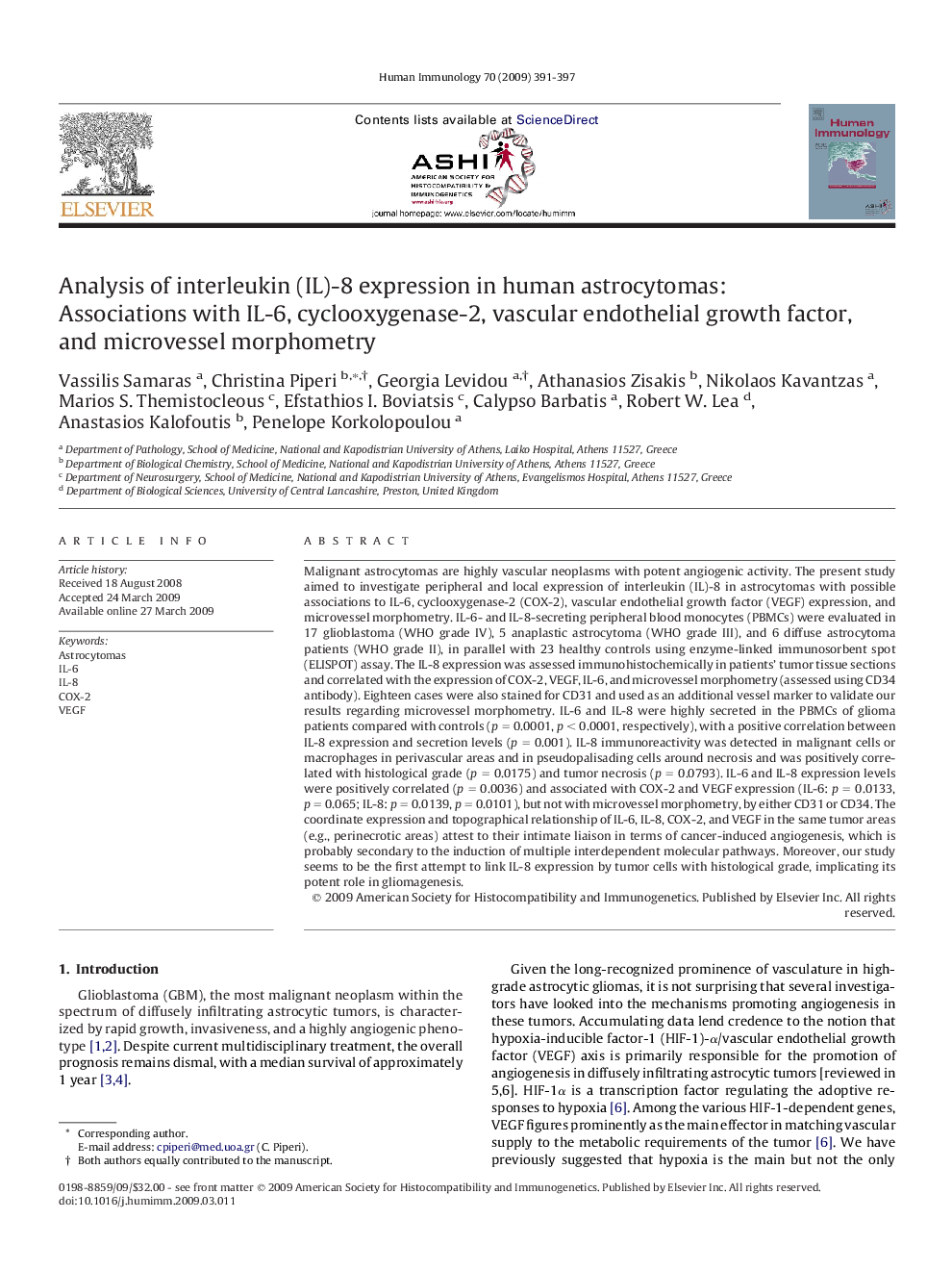 Analysis of interleukin (IL)-8 expression in human astrocytomas: Associations with IL-6, cyclooxygenase-2, vascular endothelial growth factor, and microvessel morphometry