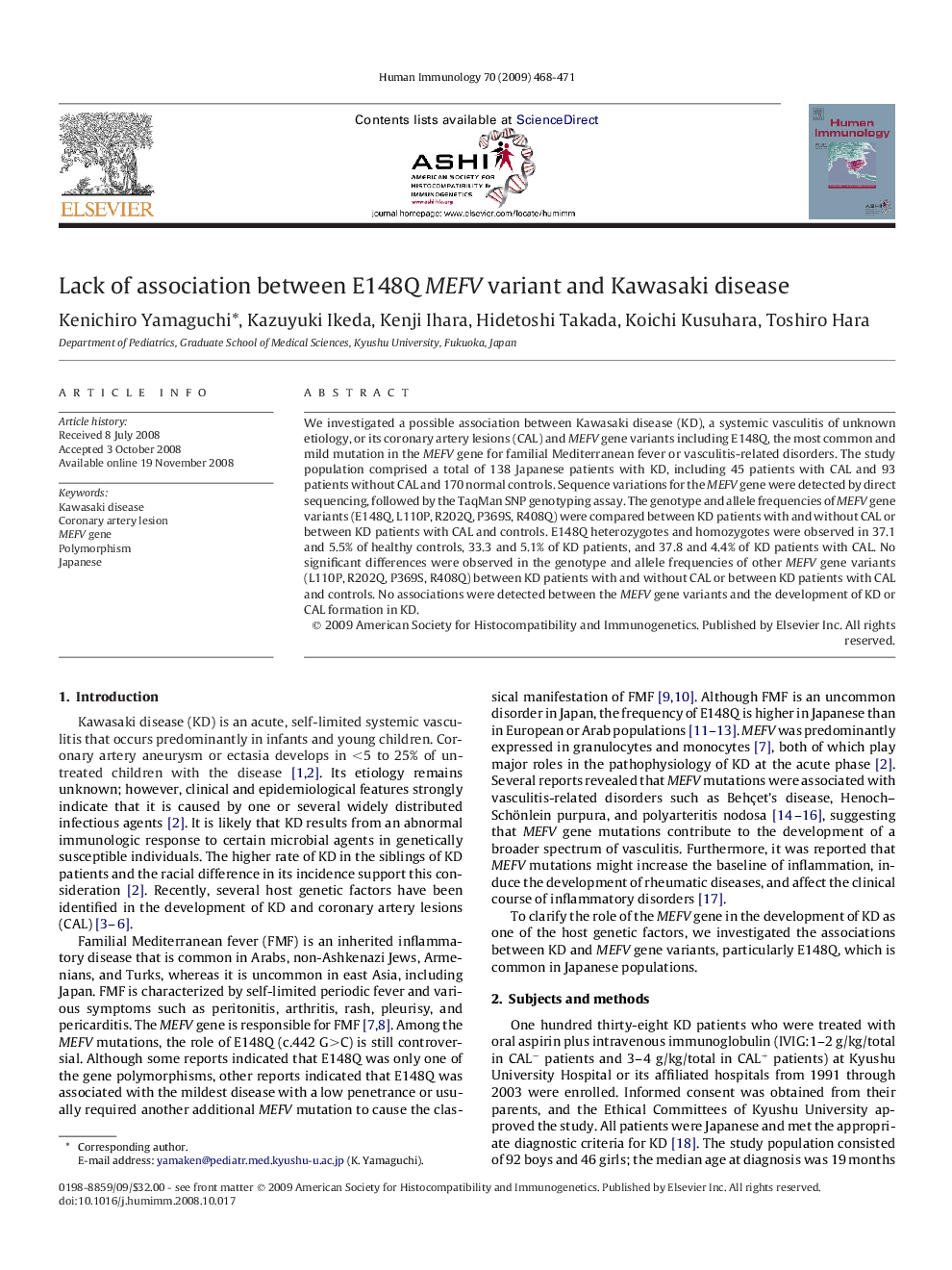 Lack of association between E148Q MEFV variant and Kawasaki disease