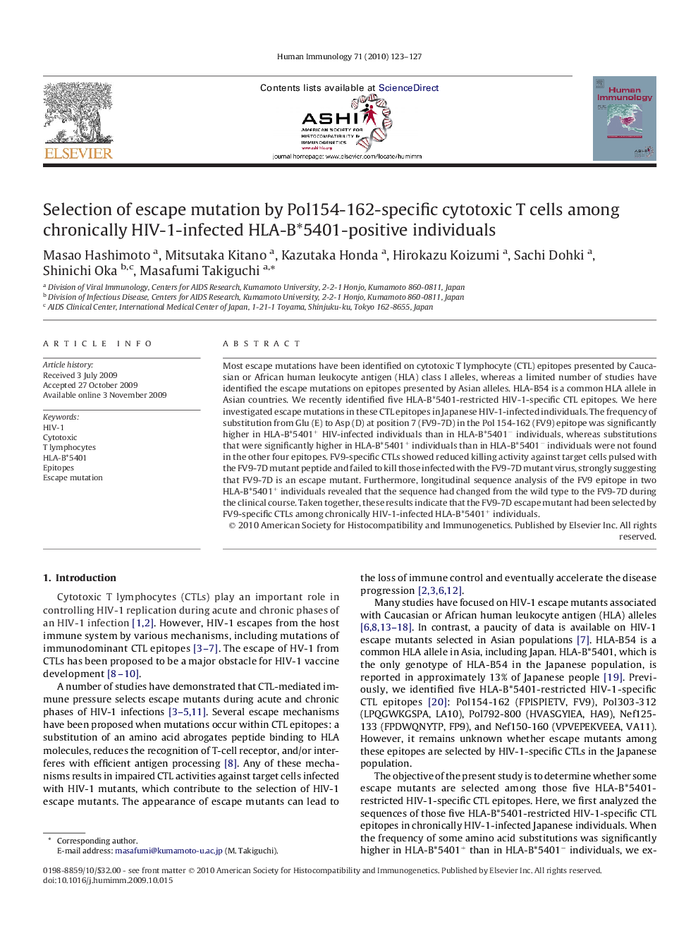 Selection of escape mutation by Pol154-162-specific cytotoxic T cells among chronically HIV-1-infected HLA-B*5401-positive individuals