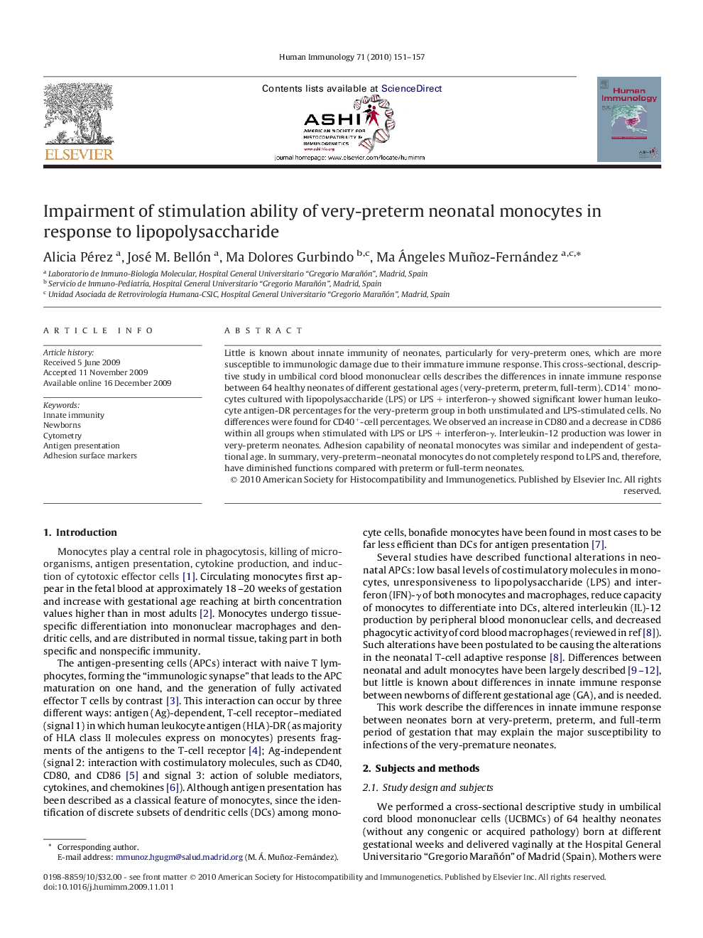 Impairment of stimulation ability of very-preterm neonatal monocytes in response to lipopolysaccharide
