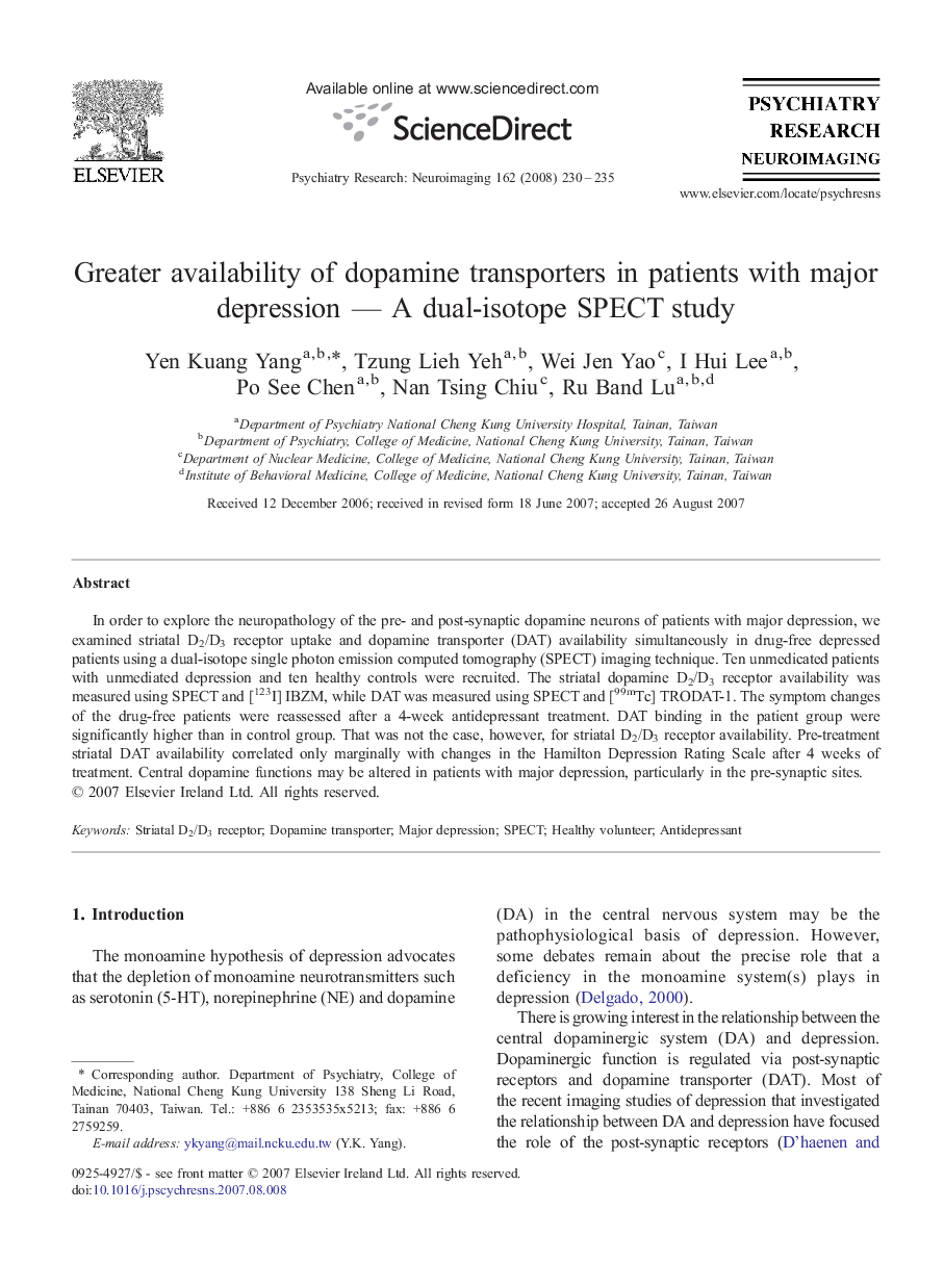 Greater availability of dopamine transporters in patients with major depression — A dual-isotope SPECT study