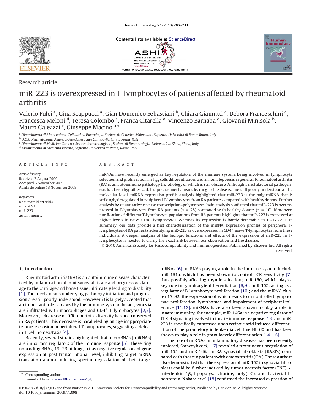 miR-223 is overexpressed in T-lymphocytes of patients affected by rheumatoid arthritis