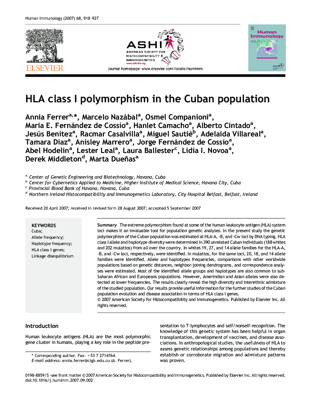 HLA class I polymorphism in the Cuban population