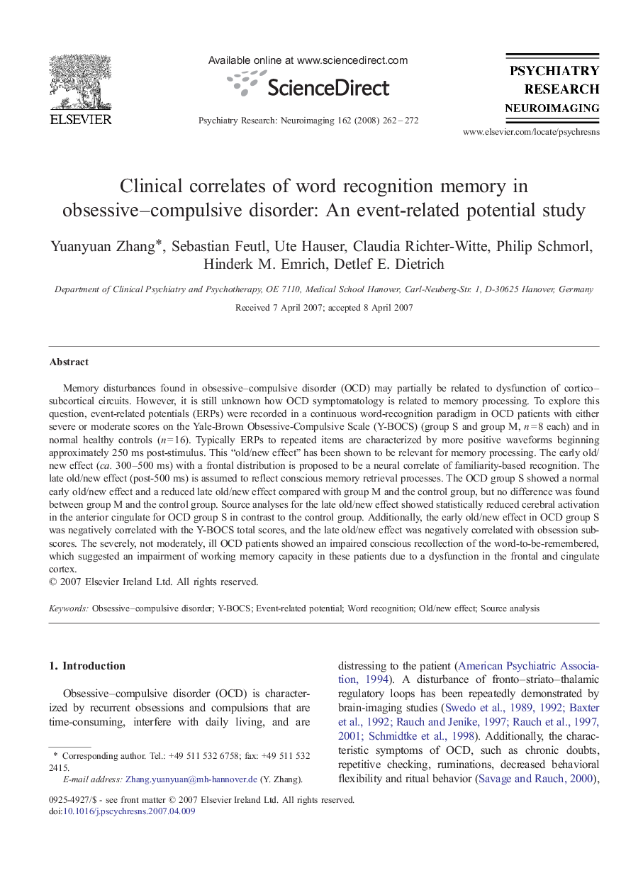 Clinical correlates of word recognition memory in obsessive–compulsive disorder: An event-related potential study