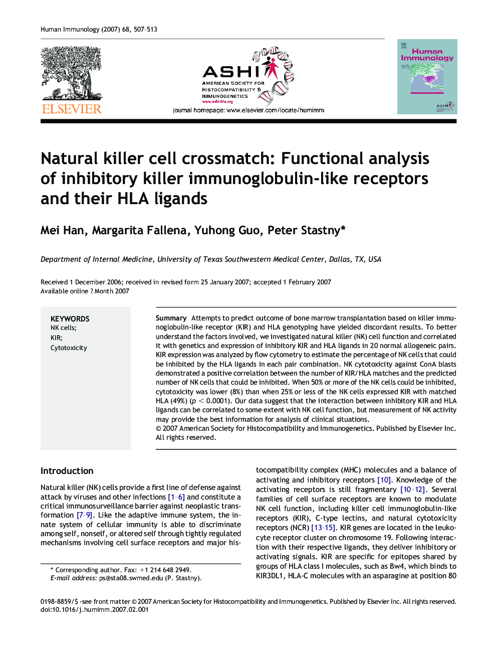 عکس صفحه اول مقاله: Natural killer cell crossmatch: Functional analysis of inhibitory killer immunoglobulin-like receptors and their HLA ligands Natural killer cell crossmatch: Functional analysis of inhibitory killer immunoglobulin-like receptors and their HLA ligands