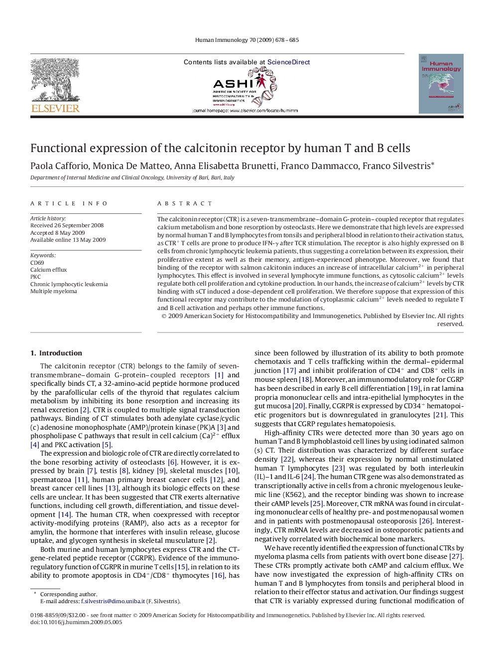 Functional expression of the calcitonin receptor by human T and B cells