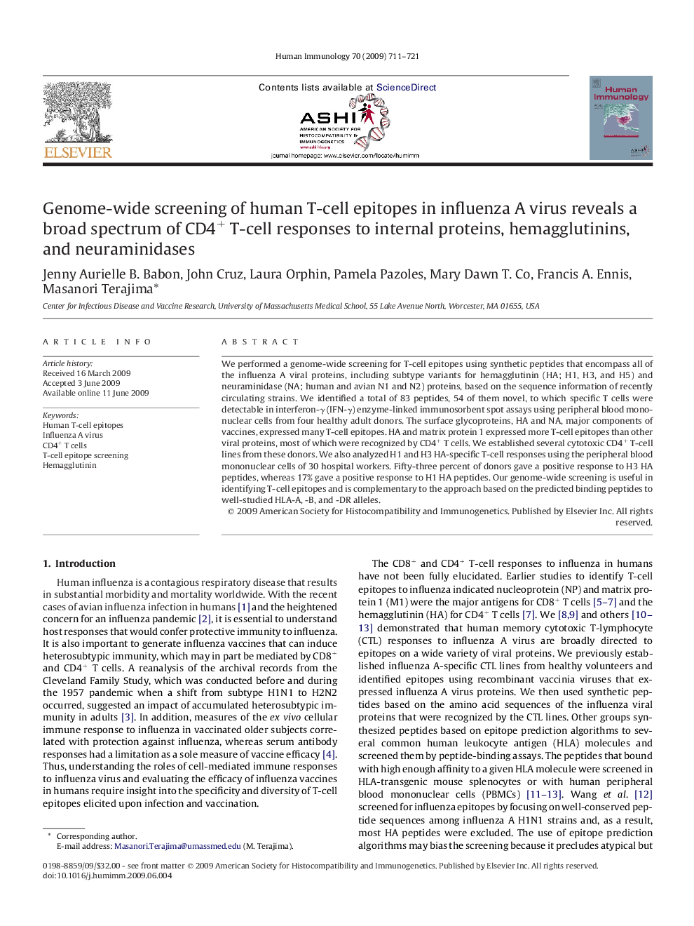 Genome-wide screening of human T-cell epitopes in influenza A virus reveals a broad spectrum of CD4+ T-cell responses to internal proteins, hemagglutinins, and neuraminidases