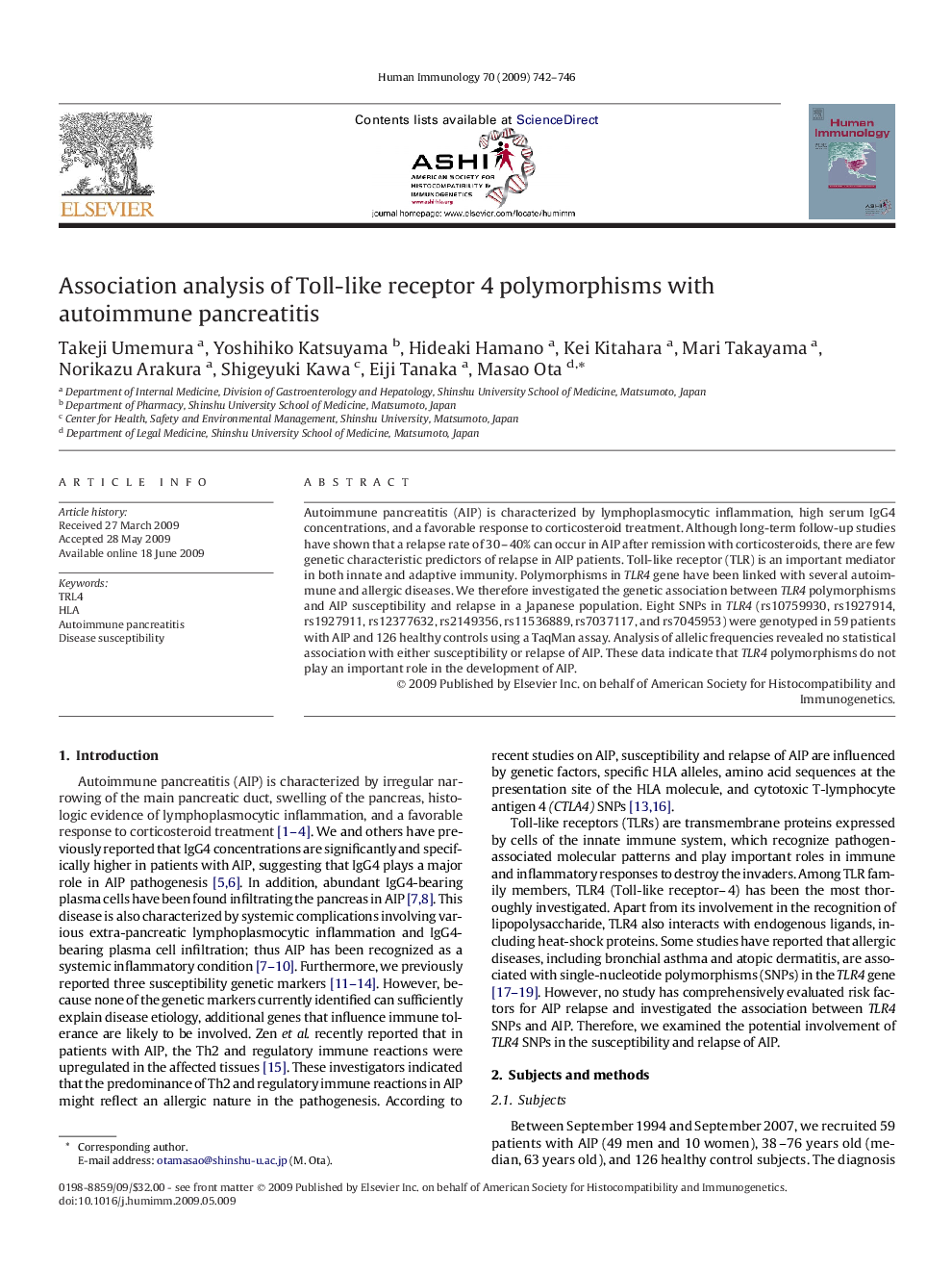 Association analysis of Toll-like receptor 4 polymorphisms with autoimmune pancreatitis