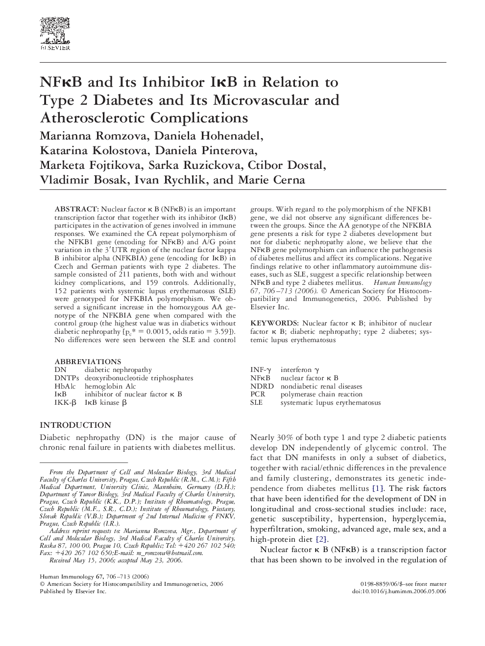 NFκB and Its Inhibitor IκB in Relation to Type 2 Diabetes and Its Microvascular and Atherosclerotic Complications