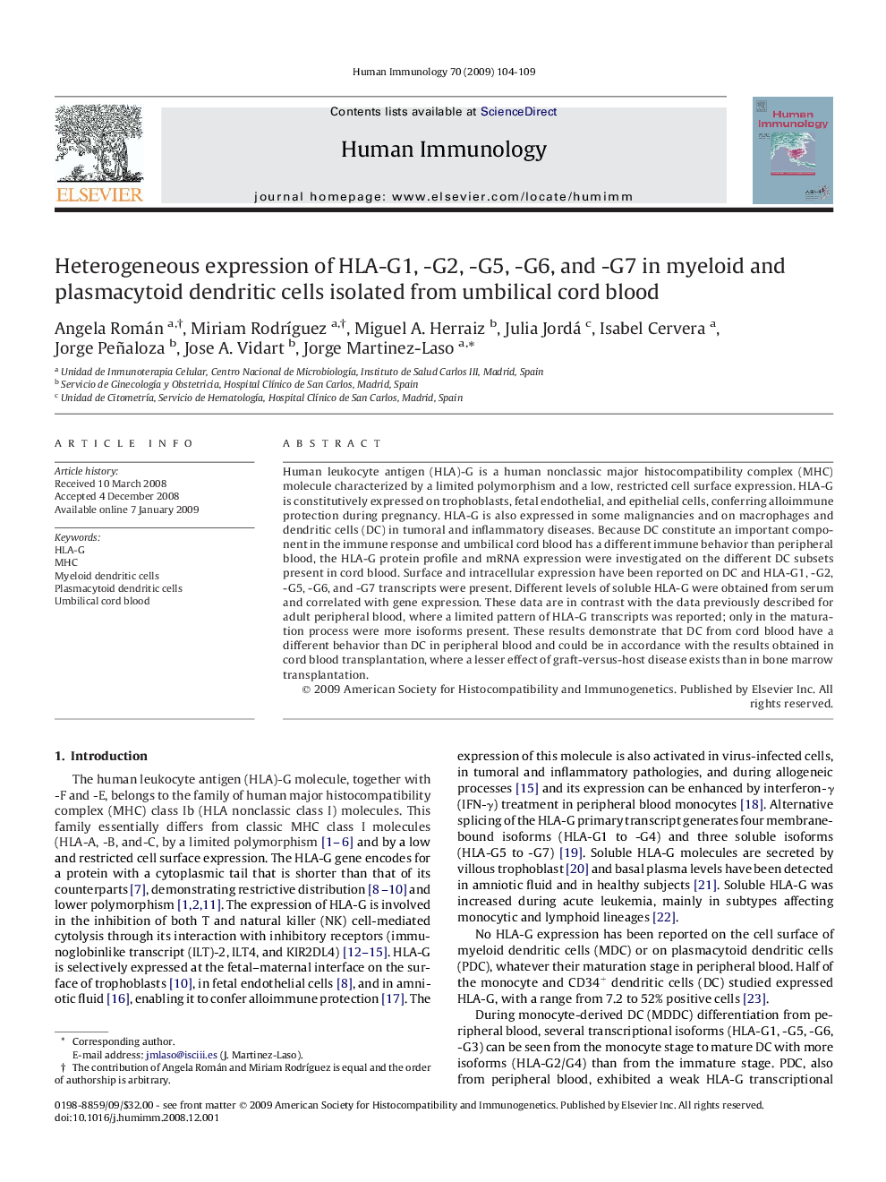 Heterogeneous expression of HLA-G1, -G2, -G5, -G6, and -G7 in myeloid and plasmacytoid dendritic cells isolated from umbilical cord blood