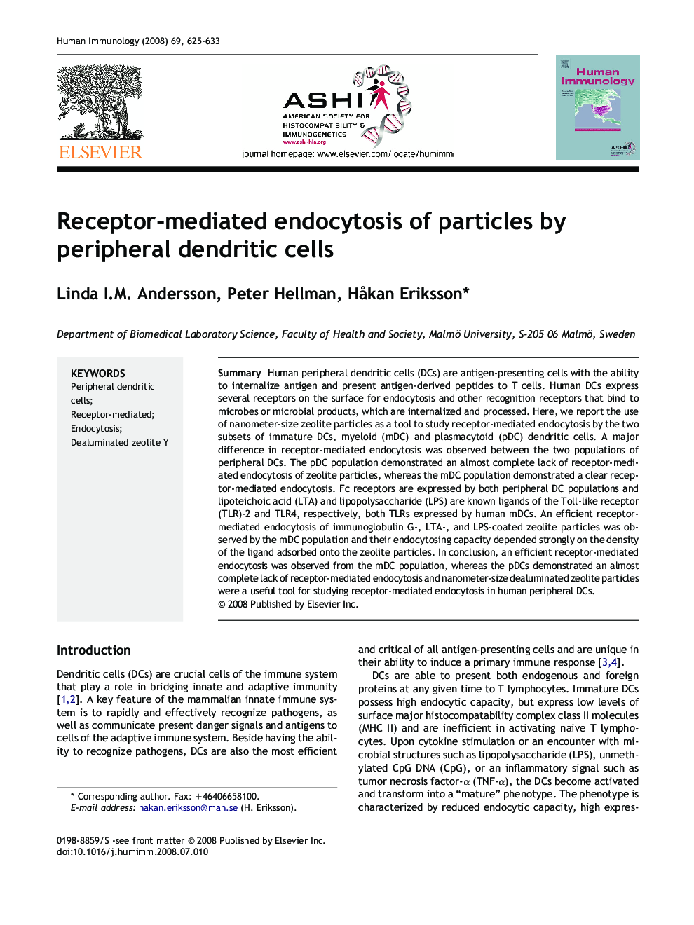 Receptor-mediated endocytosis of particles by peripheral dendritic cells