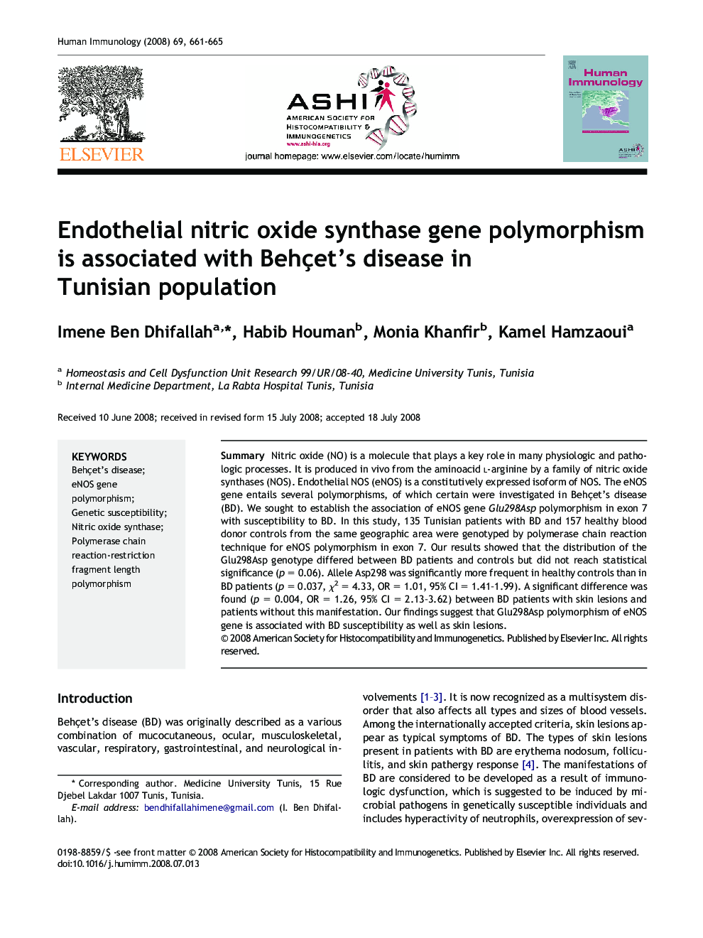 Endothelial nitric oxide synthase gene polymorphism is associated with Behçet's disease in Tunisian population