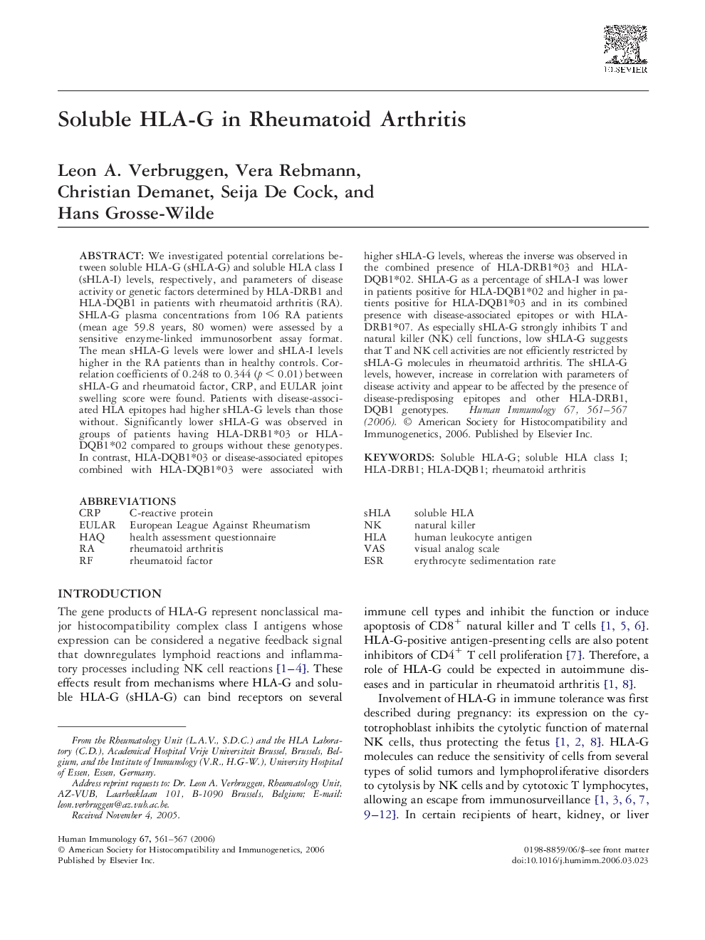 Soluble HLA-G in Rheumatoid Arthritis