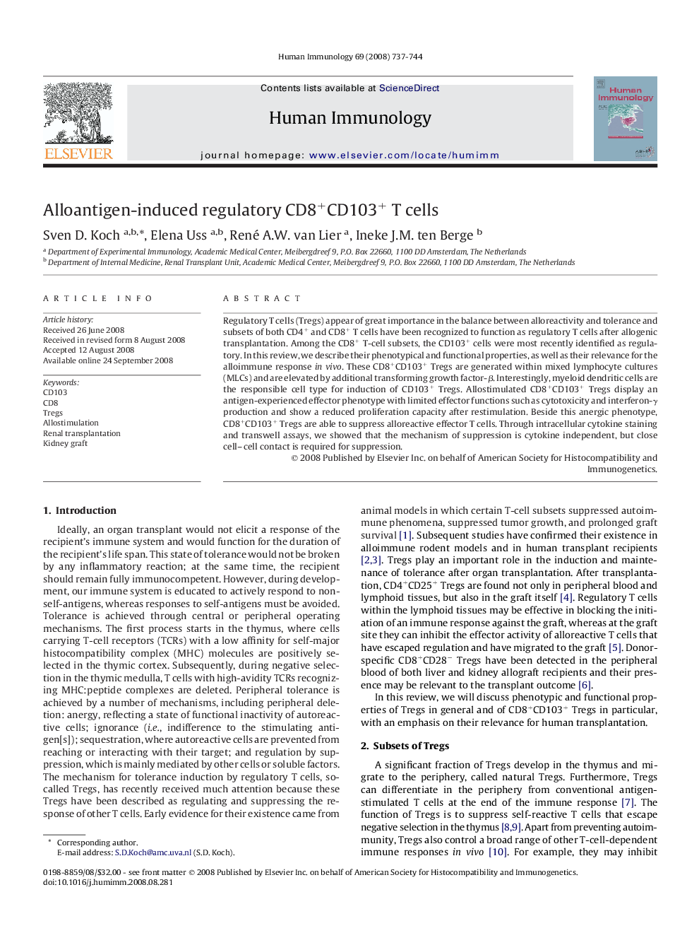 Alloantigen-induced regulatory CD8+CD103+ T cells