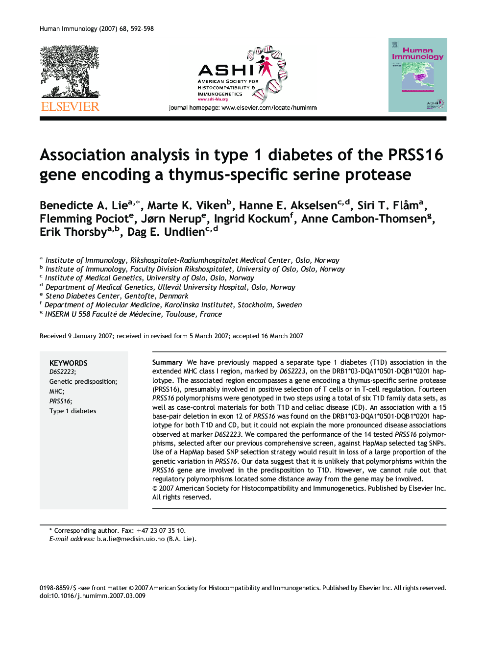 Association analysis in type 1 diabetes of the PRSS16 gene encoding a thymus-specific serine protease