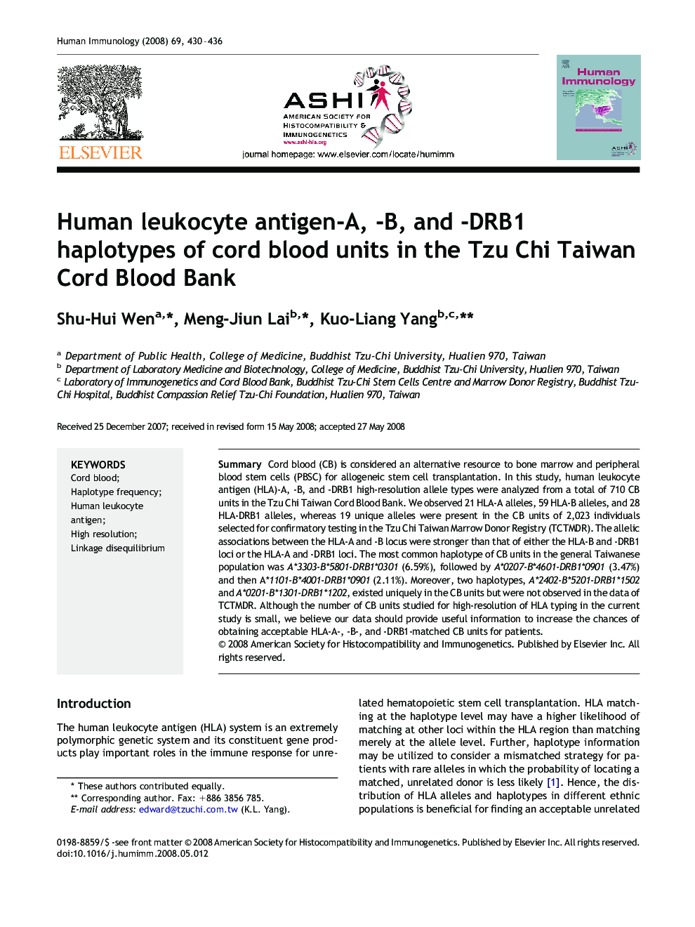 Human leukocyte antigen-A, -B, and -DRB1 haplotypes of cord blood units in the Tzu Chi Taiwan Cord Blood Bank