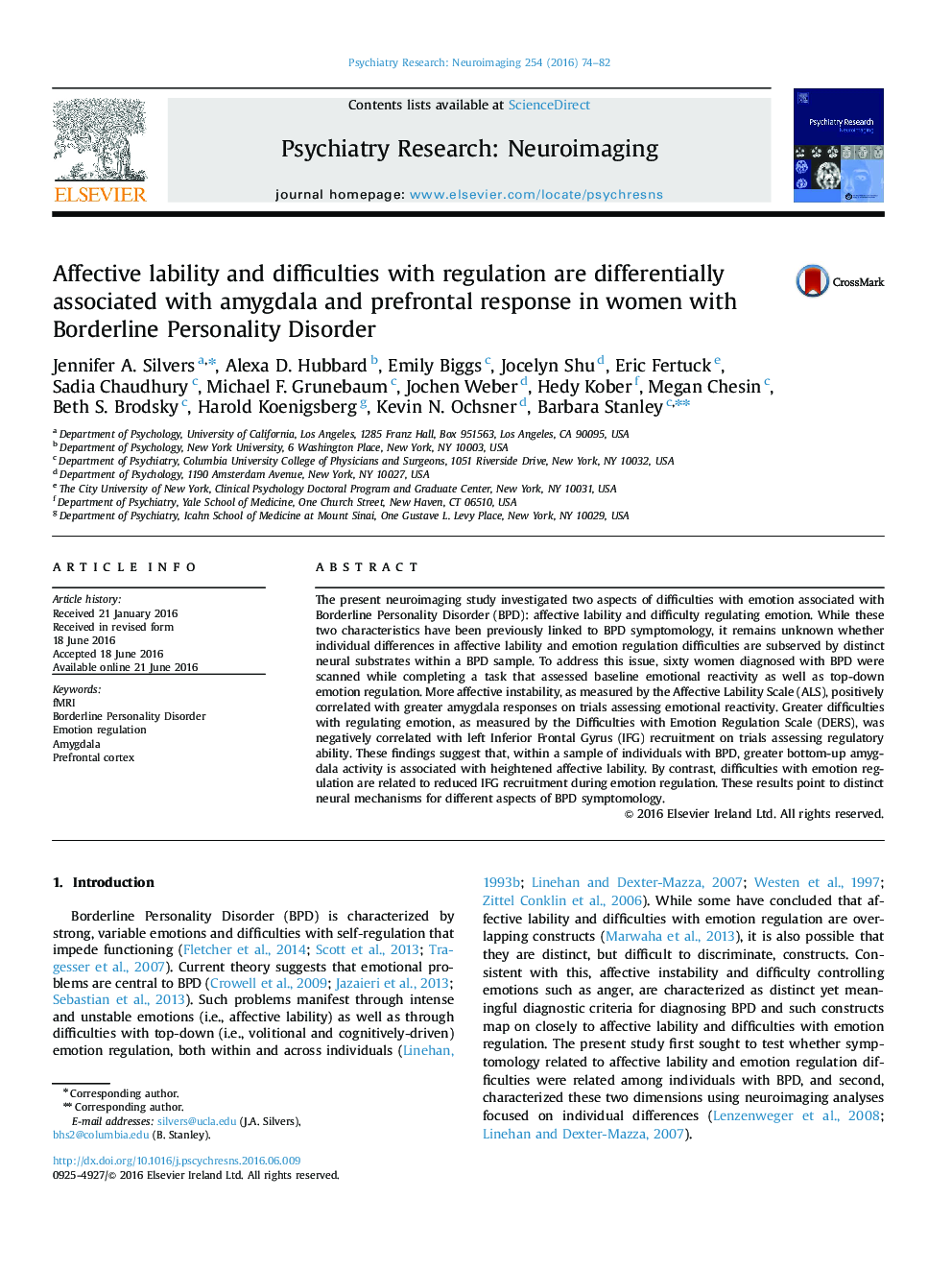 Affective lability and difficulties with regulation are differentially associated with amygdala and prefrontal response in women with Borderline Personality Disorder