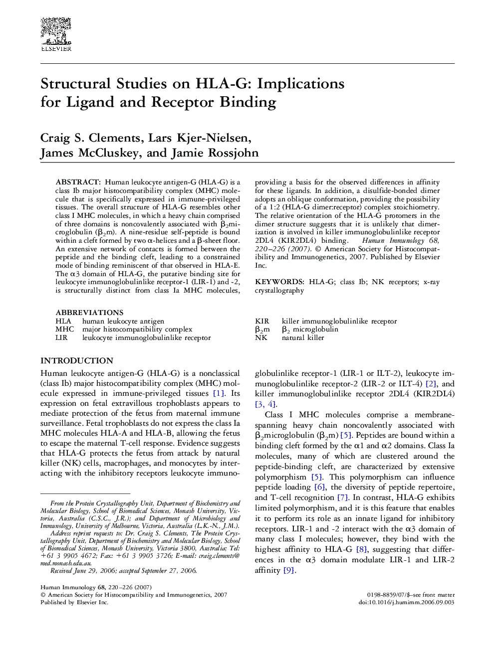 Structural Studies on HLA-G: Implications for Ligand and Receptor Binding