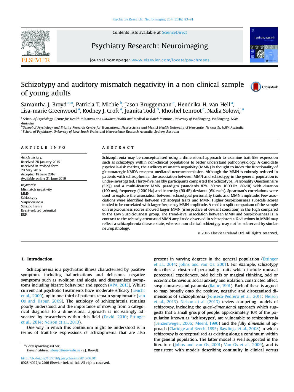 Schizotypy and auditory mismatch negativity in a non-clinical sample of young adults