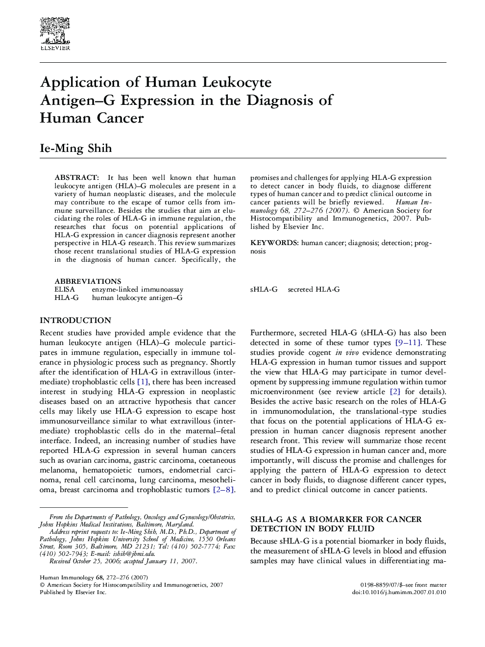 Application of Human Leukocyte Antigen–G Expression in the Diagnosis of Human Cancer