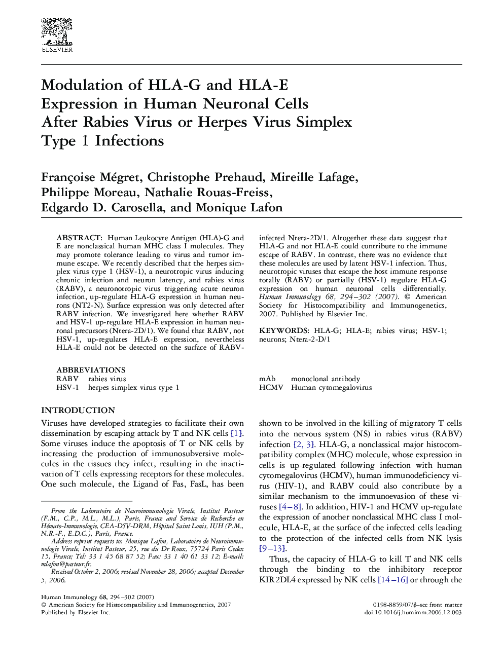 Modulation of HLA-G and HLA-E Expression in Human Neuronal Cells After Rabies Virus or Herpes Virus Simplex Type 1 Infections