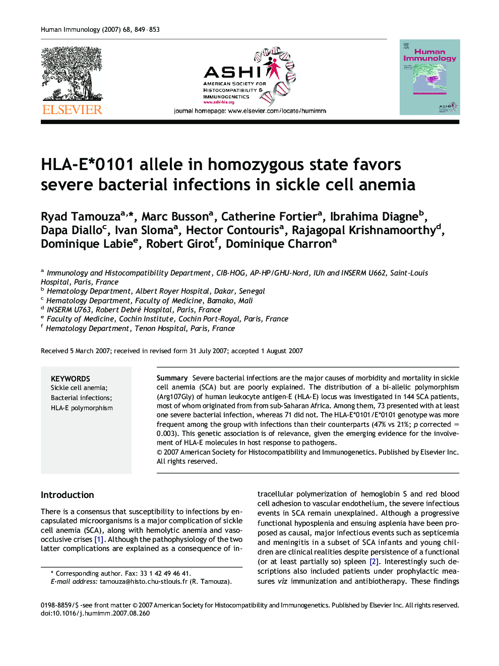 HLA-E*0101 allele in homozygous state favors severe bacterial infections in sickle cell anemia