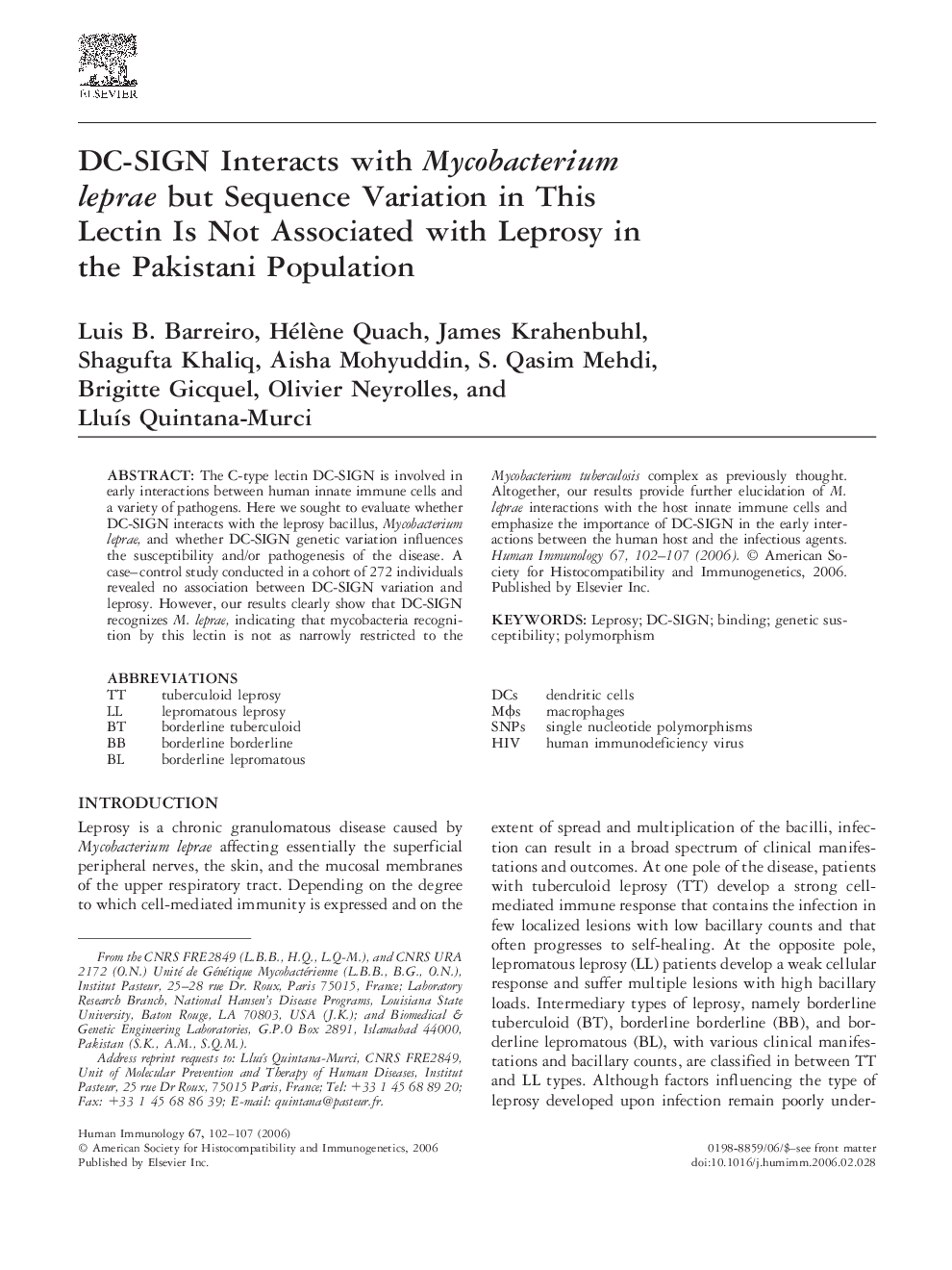 DC-SIGN Interacts with Mycobacterium leprae but Sequence Variation in This Lectin Is Not Associated with Leprosy in the Pakistani Population