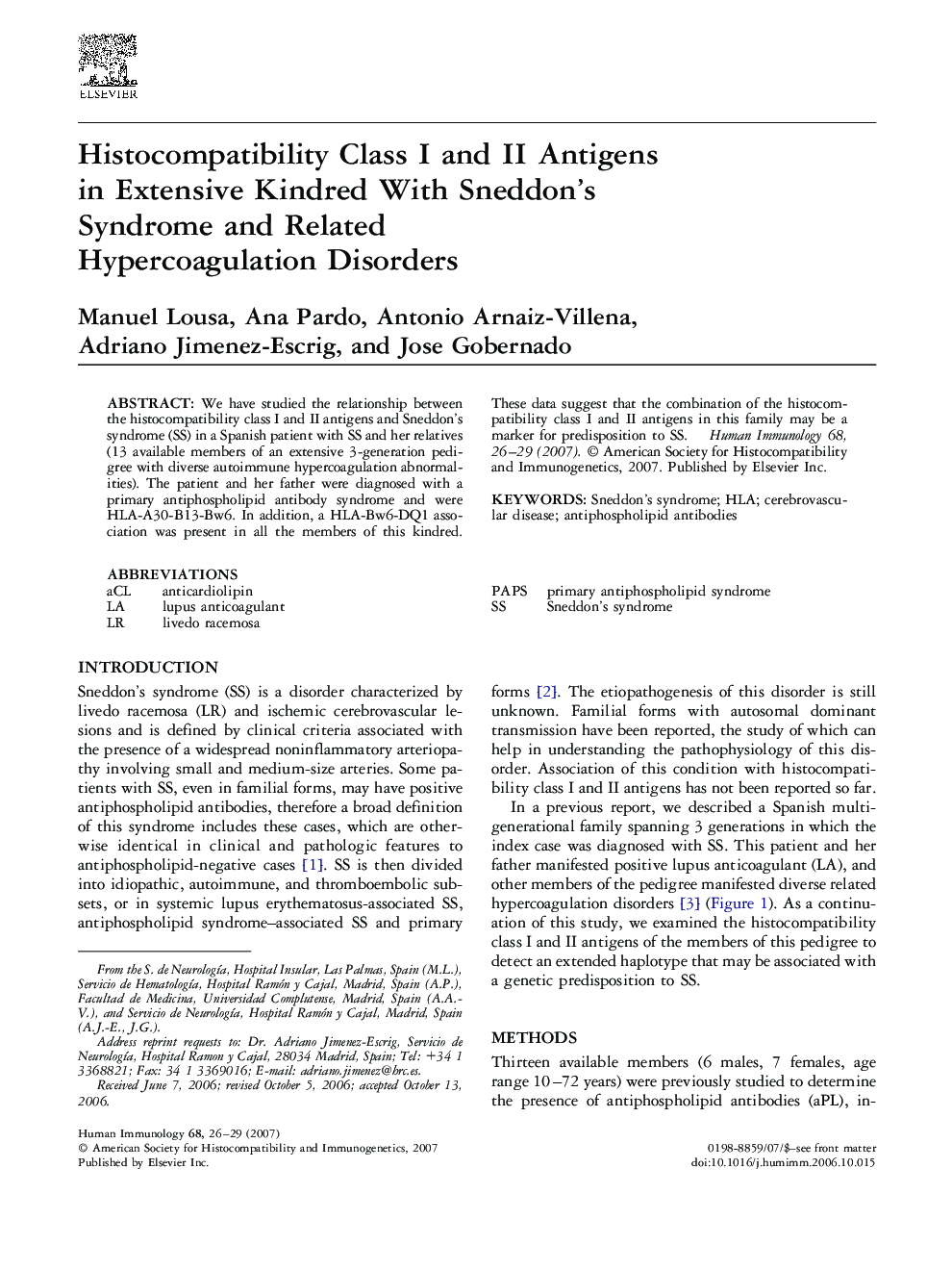 Histocompatibility Class I and II Antigens in Extensive Kindred With Sneddon’s Syndrome and Related Hypercoagulation Disorders