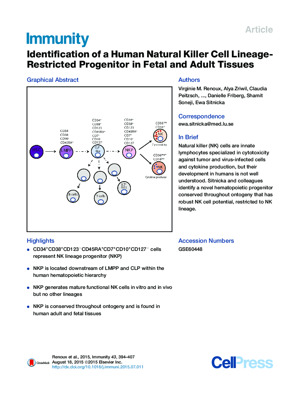 Identification of a Human Natural Killer Cell Lineage-Restricted Progenitor in Fetal and Adult Tissues