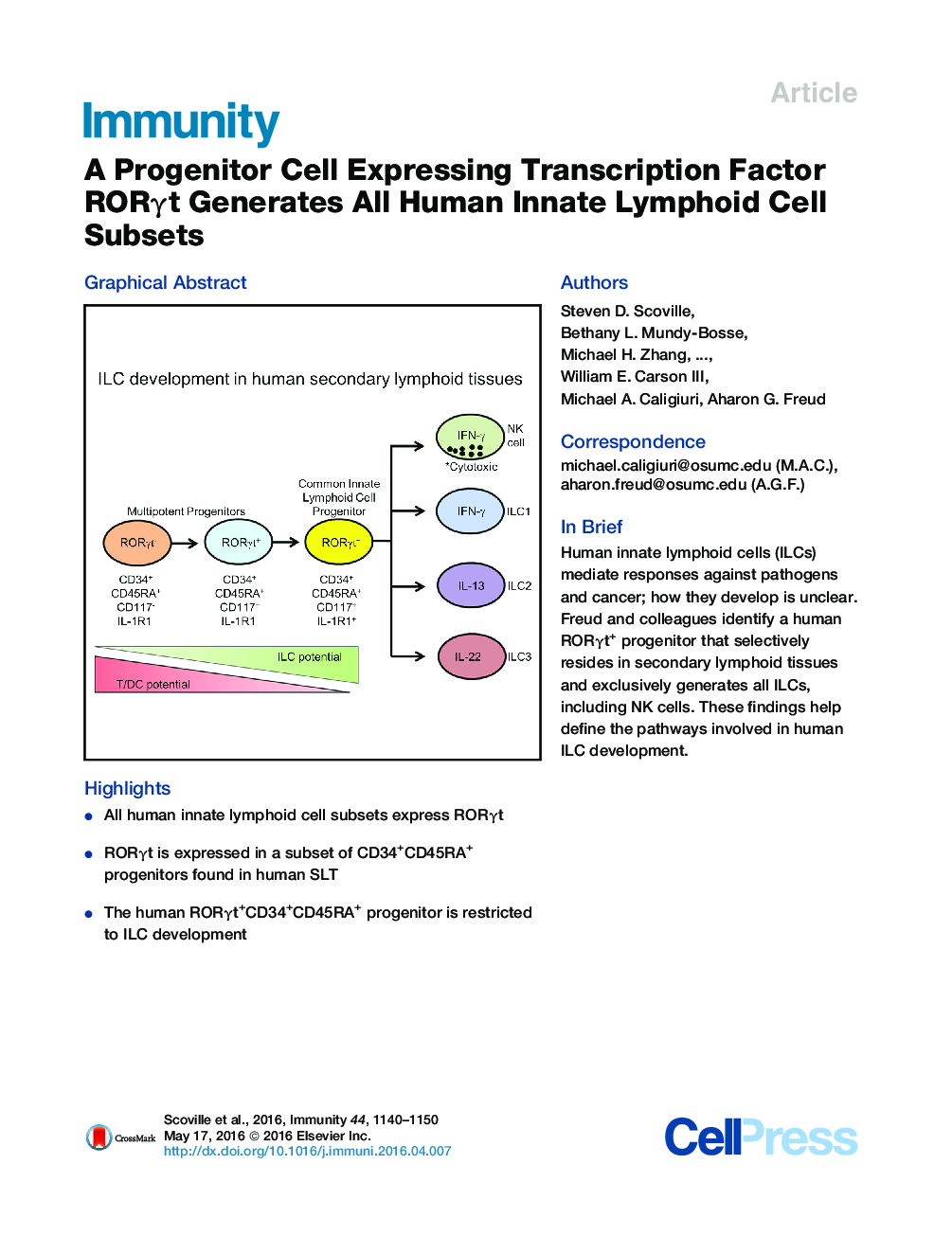 A Progenitor Cell Expressing Transcription Factor RORγt Generates All Human Innate Lymphoid Cell Subsets