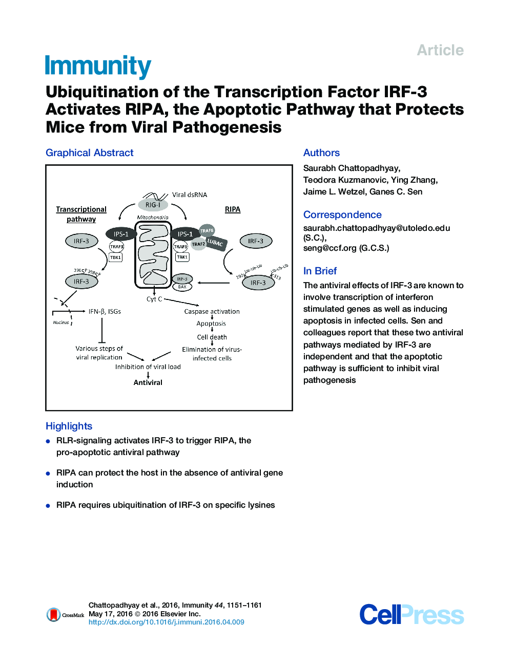 Ubiquitination of the Transcription Factor IRF-3 Activates RIPA, the Apoptotic Pathway that Protects Mice from Viral Pathogenesis