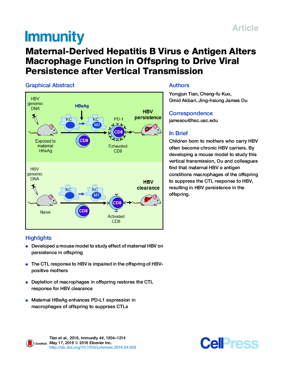 Maternal-Derived Hepatitis B Virus e Antigen Alters Macrophage Function in Offspring to Drive Viral Persistence after Vertical Transmission