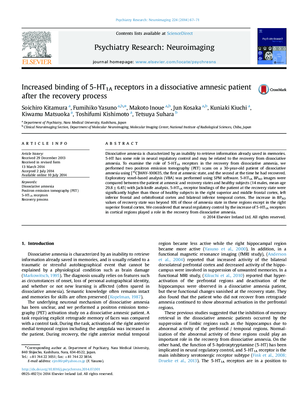 Increased binding of 5-HT1A receptors in a dissociative amnesic patient after the recovery process