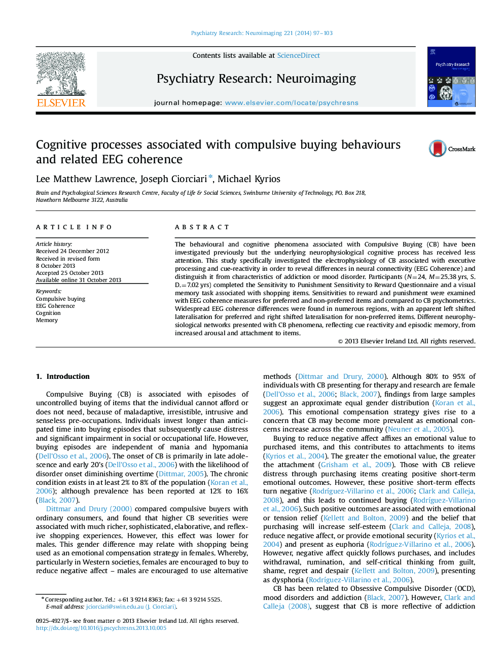 Cognitive processes associated with compulsive buying behaviours and related EEG coherence