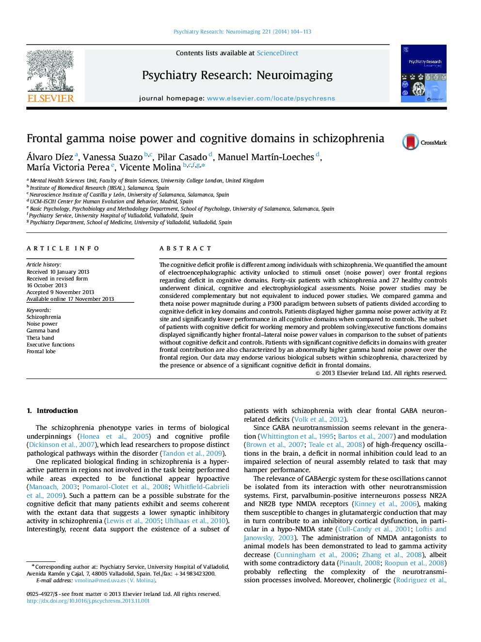 Frontal gamma noise power and cognitive domains in schizophrenia