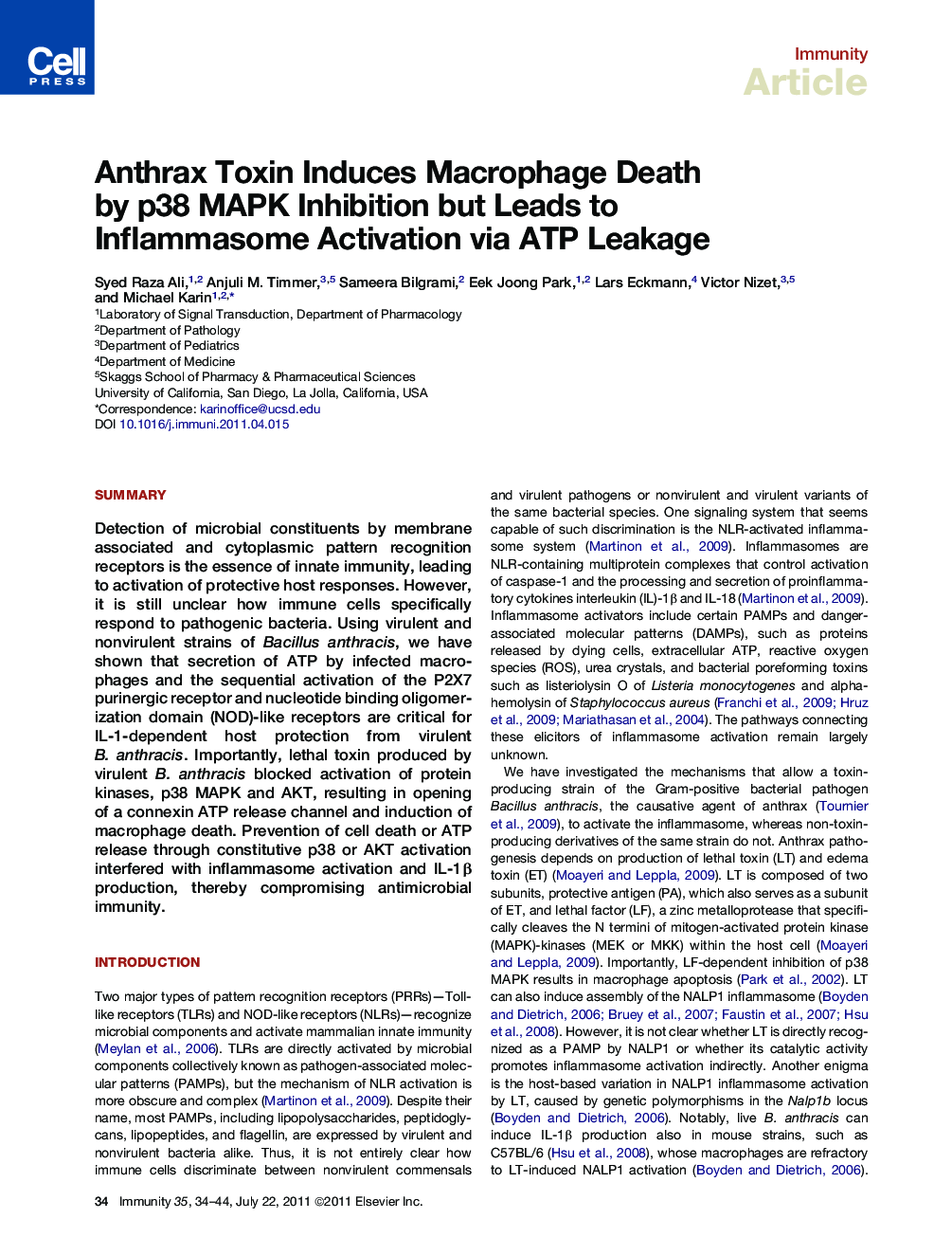 عکس صفحه اول مقاله: Anthrax Toxin Induces Macrophage Death by p38 MAPK Inhibition but Leads to Inflammasome Activation via ATP Leakage Anthrax Toxin Induces Macrophage Death by p38 MAPK Inhibition but Leads to Inflammasome Activation via ATP Leakage