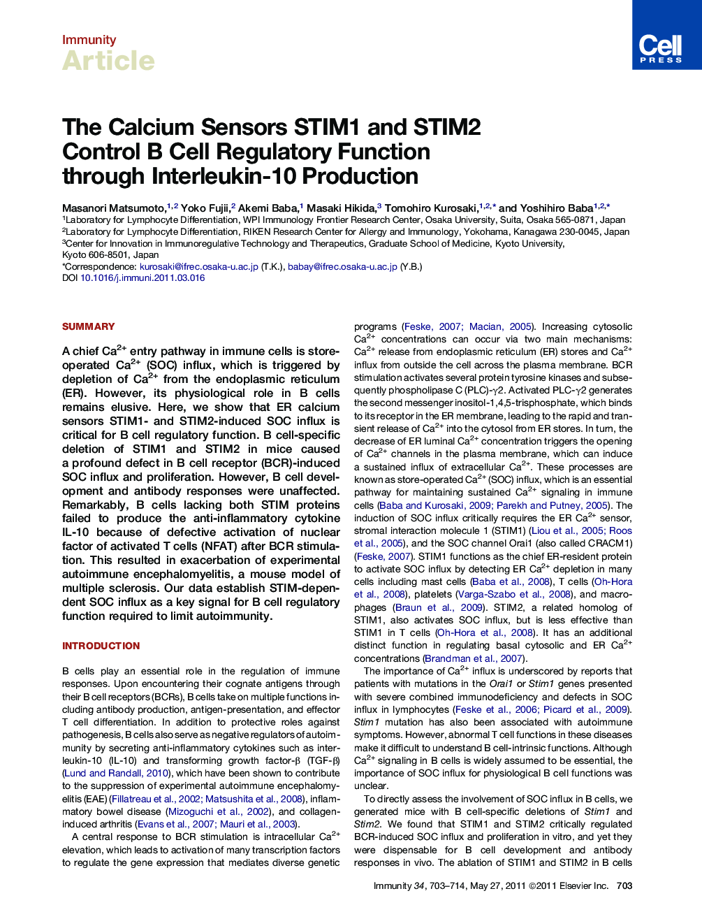 The Calcium Sensors STIM1 and STIM2 Control B Cell Regulatory Function through Interleukin-10 Production