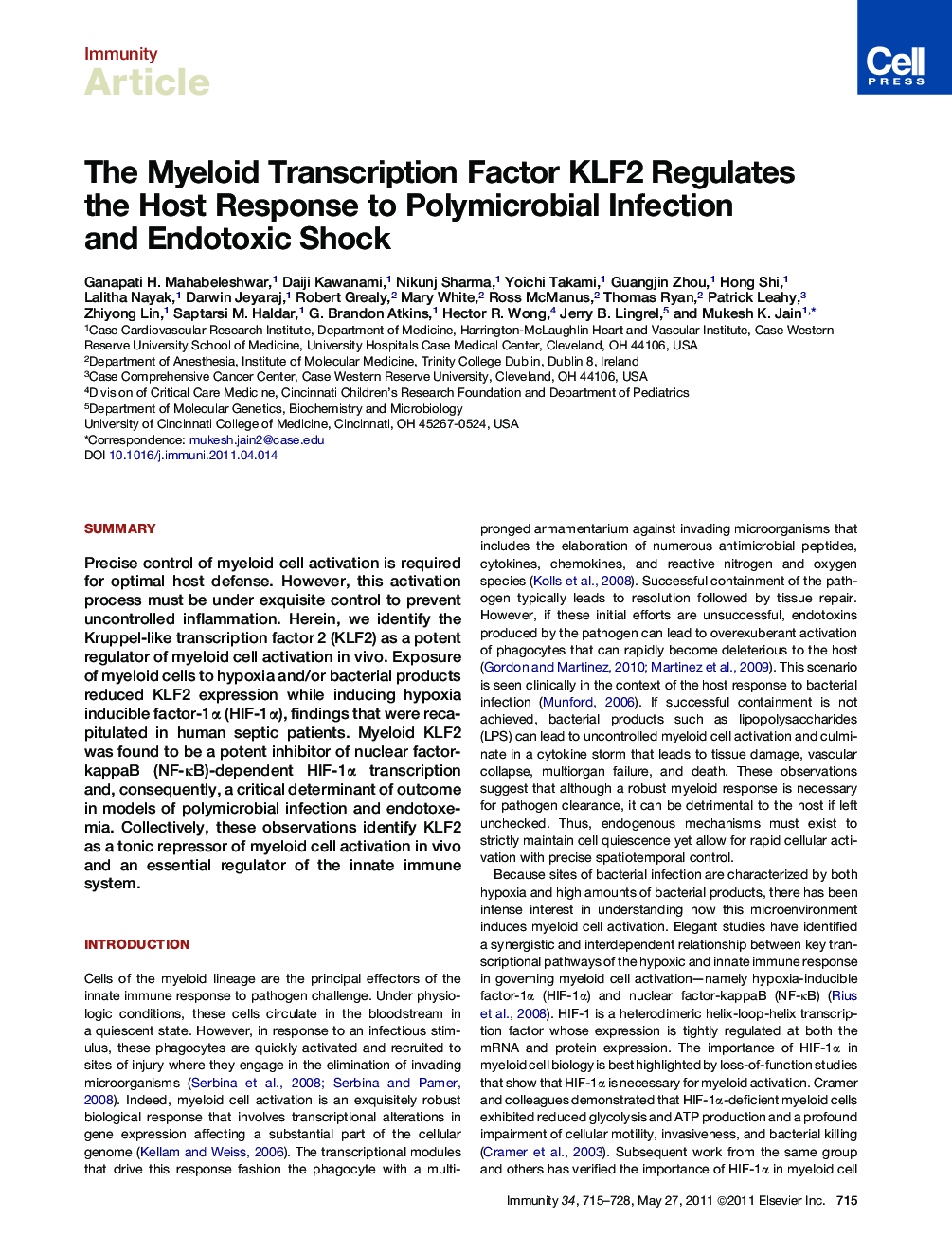 The Myeloid Transcription Factor KLF2 Regulates the Host Response to Polymicrobial Infection and Endotoxic Shock