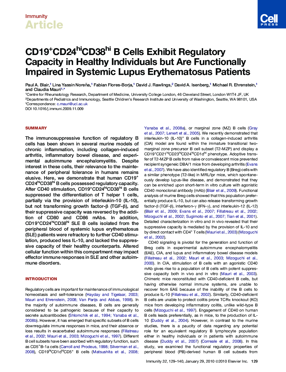 CD19+CD24hiCD38hi B Cells Exhibit Regulatory Capacity in Healthy Individuals but Are Functionally Impaired in Systemic Lupus Erythematosus Patients