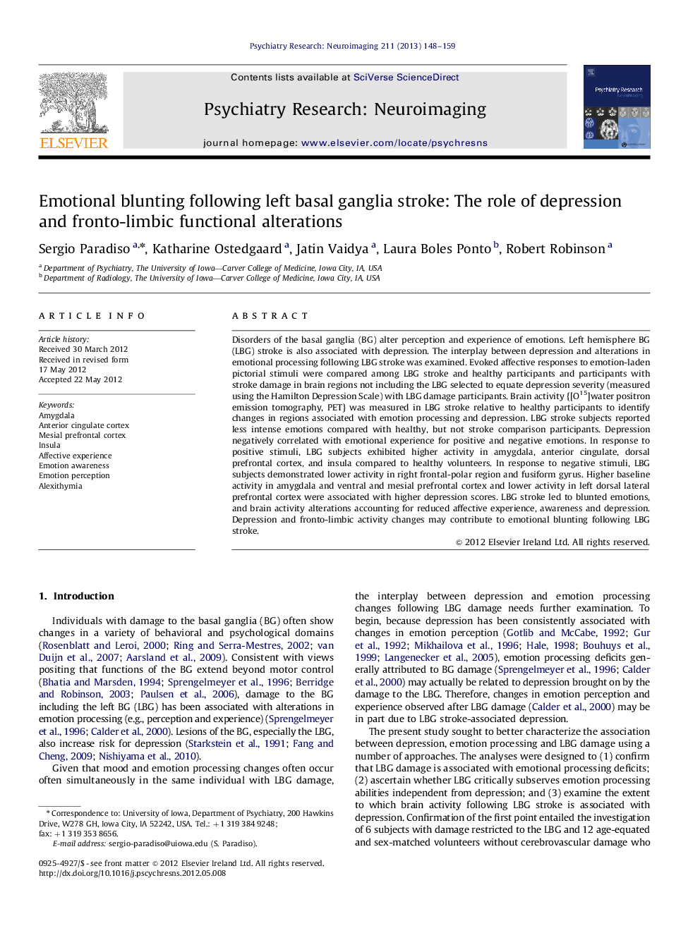 Emotional blunting following left basal ganglia stroke: The role of depression and fronto-limbic functional alterations