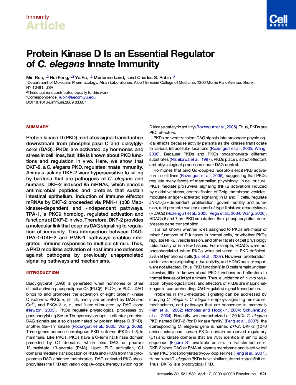 Protein Kinase D Is an Essential Regulator of C. elegans Innate Immunity