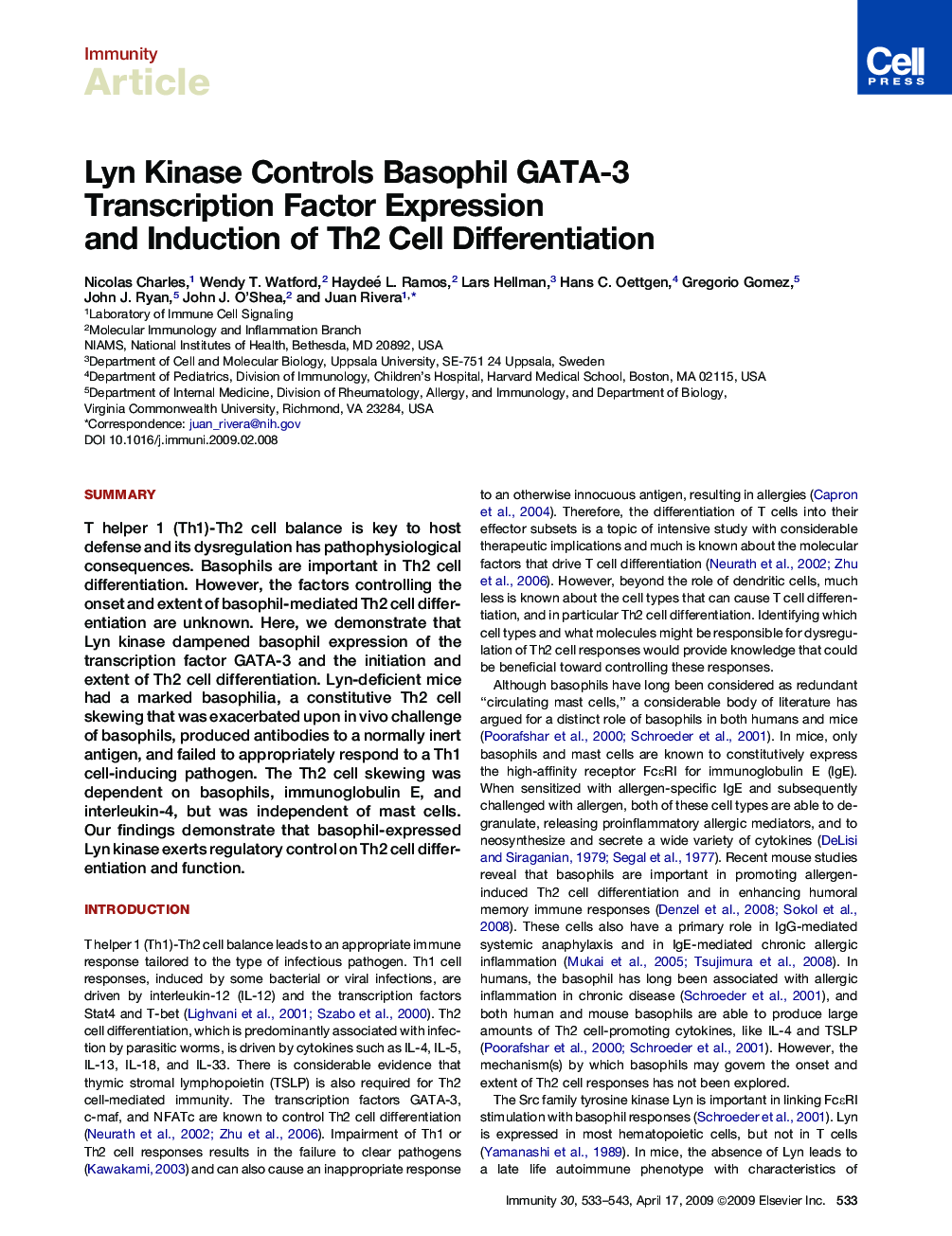Lyn Kinase Controls Basophil GATA-3 Transcription Factor Expression and Induction of Th2 Cell Differentiation