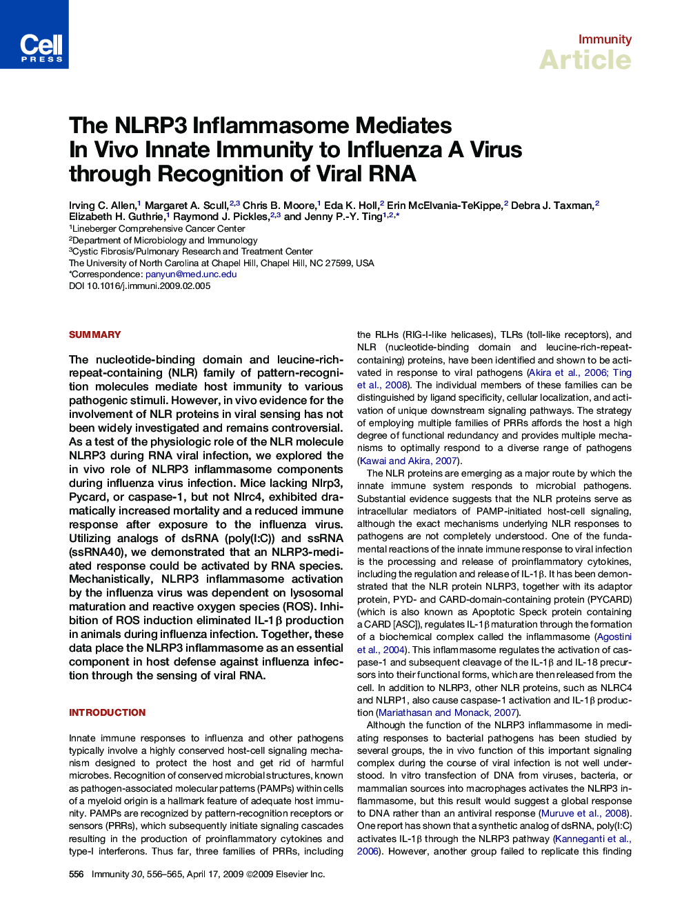 The NLRP3 Inflammasome Mediates In Vivo Innate Immunity to Influenza A Virus through Recognition of Viral RNA