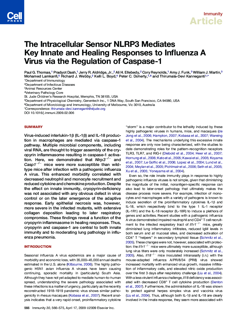 The Intracellular Sensor NLRP3 Mediates Key Innate and Healing Responses to Influenza A Virus via the Regulation of Caspase-1