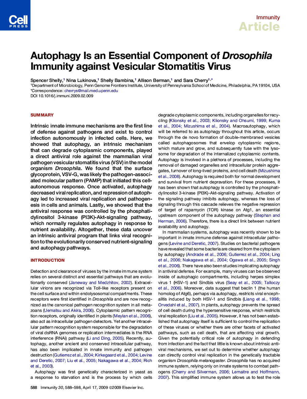 Autophagy Is an Essential Component of Drosophila Immunity against Vesicular Stomatitis Virus