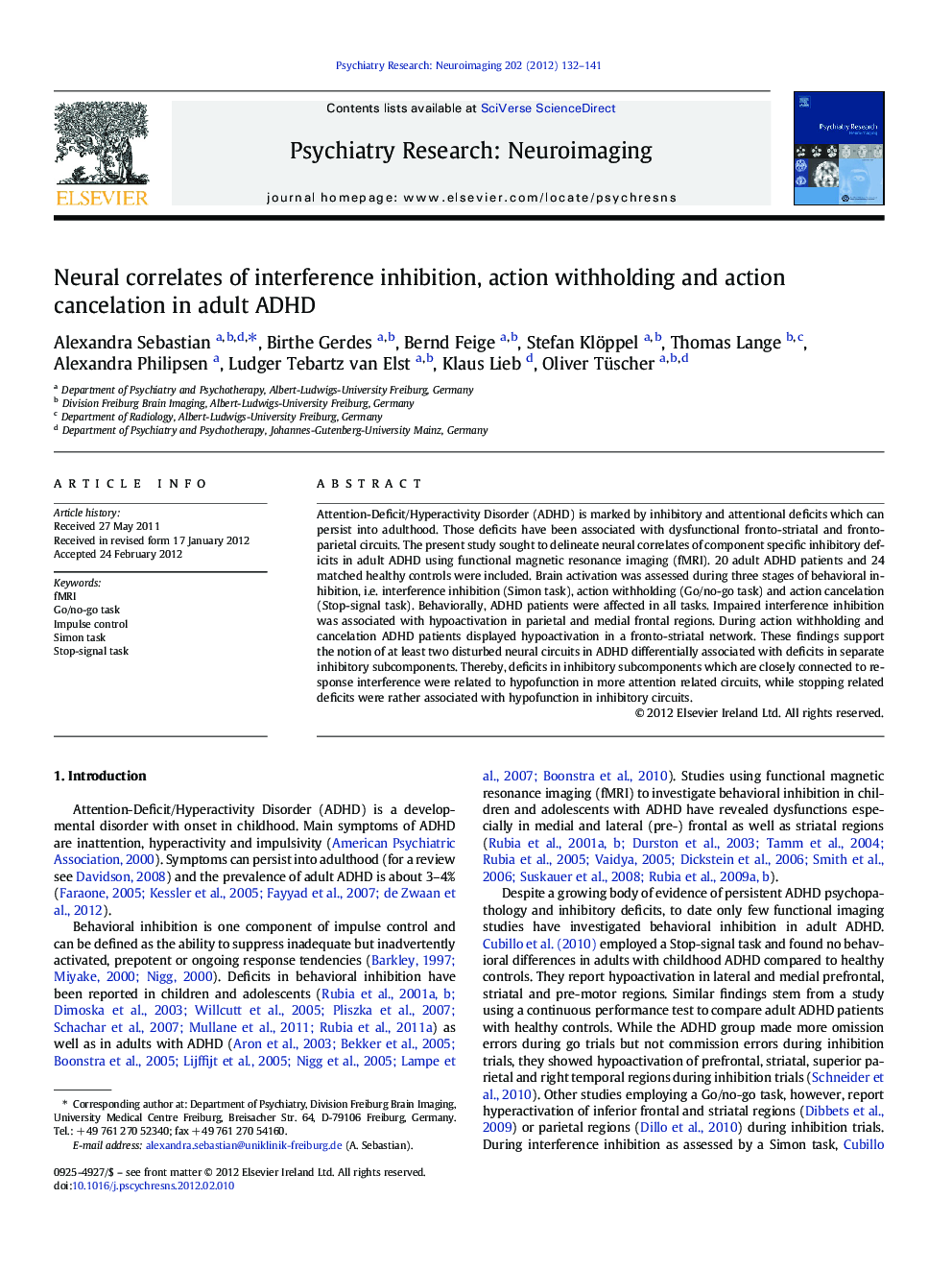 Neural correlates of interference inhibition, action withholding and action cancelation in adult ADHD